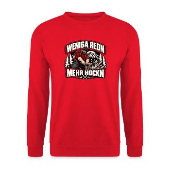 Weniga redn - mehr hockn - cooles Holzfäller Motiv - Unisex Pullover - Rot - Vorne - Alina (178cm) & Michal (187cm)