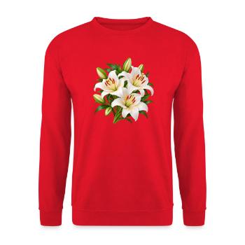 Weiße Lilien-Blumenstrauß-Kunst - Unisex Pullover - Rot - Vorne - Alina (178cm) & Michal (187cm)