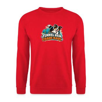 Tunnel Rein Chaos Raus – Hundedesign - Unisex Pullover - Rot - Vorne - Alina (178cm) & Michal (187cm)