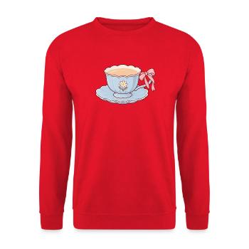 Blaue Teetasse mit Blüte und rosa Schleife - Unisex Pullover - Rot - Vorne - Alina (178cm) & Michal (187cm)