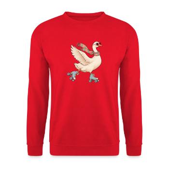 Gans auf Rollschuhen – verspielter Vintage-Druck - Unisex Pullover - Rot - Vorne - Alina (178cm) & Michal (187cm)