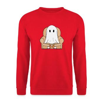 Gemütlicher Geist entspannt im Sessel - Unisex Pullover - Rot - Vorne - Alina (178cm) & Michal (187cm)