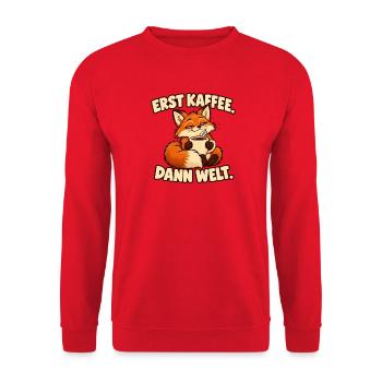 Erst Kaffee, dann Welt - Lustiger Fuchs - Unisex Pullover - Rot - Vorne - Alina (178cm) & Michal (187cm)