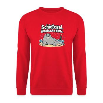 Schietegal Hauptsache Küste Fischkopp - Unisex Pullover - Rot - Vorne - Alina (178cm) & Michal (187cm)