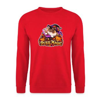 Schnurrmagie: Katzenzauberer Halloween - Unisex Pullover - Rot - Vorne - Alina (178cm) & Michal (187cm)