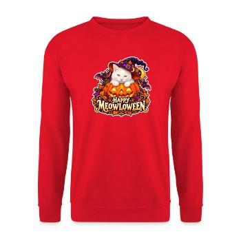 Meowloween: Die Katze im Halloween-Kürbis - Unisex Pullover - Rot - Vorne - Alina (178cm) & Michal (187cm)