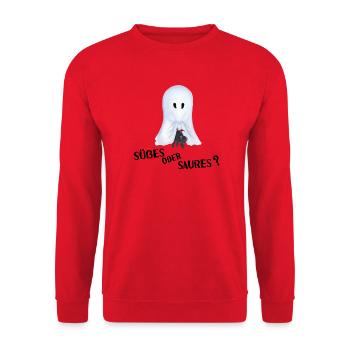 Süßes oder Saures - Gespenst mit Katze - Unisex Pullover - Rot - Vorne - Alina (178cm) & Michal (187cm)