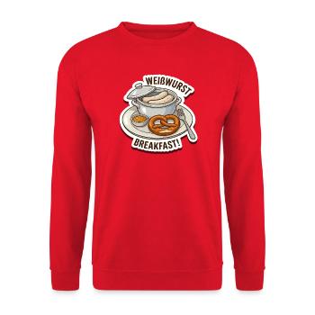 Weisswurst Frühstück Sticker Design - Unisex Pullover - Rot - Vorne - Alina (178cm) & Michal (187cm)