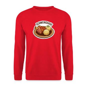 Schweinshaxe Plate Sticker Optik  - Unisex Pullover - Rot - Vorne - Alina (178cm) & Michal (187cm)
