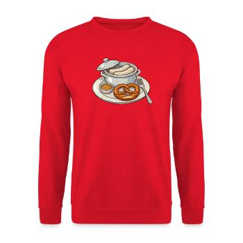 Deftige bayerische Brotzeit - Unisex Pullover - Rot - Vorne - Alina (178cm) & Michal (187cm)