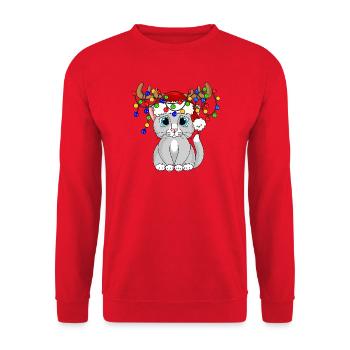 Weihnachtskatze mit Lichterkette - Unisex Pullover - Rot - Vorne - Alina (178cm) & Michal (187cm)