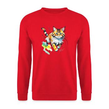 springende  Katze im wasserfarbenlook - Unisex Pullover - Rot - Vorne - Alina (178cm) & Michal (187cm)