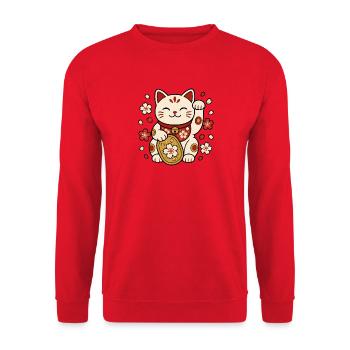 Winkekatze Maneki Neko Sakura Japan Vektor Shirt - Unisex Pullover - Rot - Vorne - Alina (178cm) & Michal (187cm)