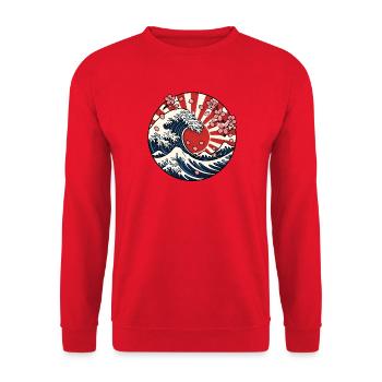 Große Welle Sonne Sakura Japan Kunst Vektor Shirt - Unisex Pullover - Rot - Vorne - Alina (178cm) & Michal (187cm)