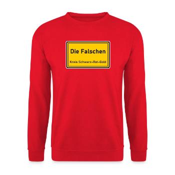 Ortsschild Die Falschen - Kreis Schwarz-Rot-Gold - Unisex Pullover - Rot - Vorne - Alina (178cm) & Michal (187cm)