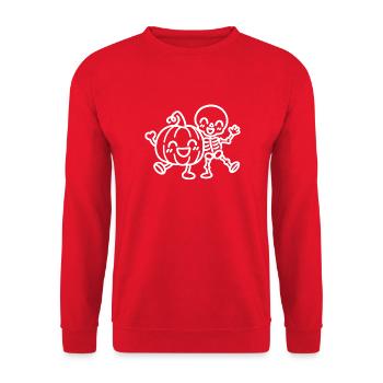 Halloween Freundschaft – Skelett und Kürbis - Unisex Pullover - Rot - Vorne - Alina (178cm) & Michal (187cm)