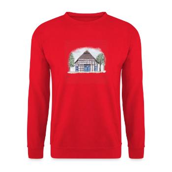 Fachwerkhaus im Aquarellstil  - Unisex Pullover - Rot - Vorne - Alina (178cm) & Michal (187cm)