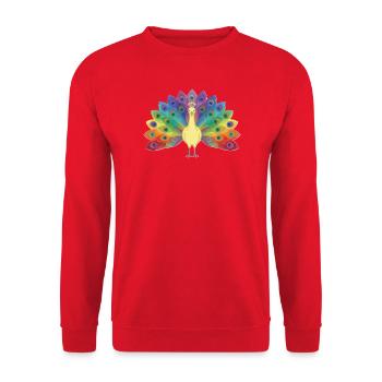 Regenbogenpfau in Federn - Unisex Pullover - Rot - Vorne - Alina (178cm) & Michal (187cm)