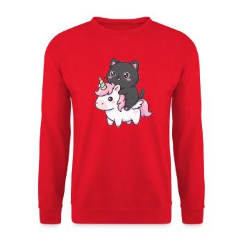 Katze auf Einhorn - Unisex Pullover - Rot - Vorne - Alina (178cm) & Michal (187cm)