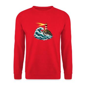 Leuchtturm über einer schwingenden Welle - Unisex Pullover - Rot - Vorne - Alina (178cm) & Michal (187cm)
