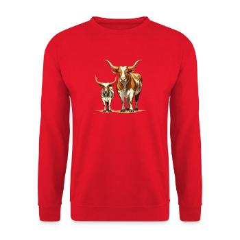 Longhorn-Kuh-und-Kalb-Paar - Unisex Pullover - Rot - Vorne - Alina (178cm) & Michal (187cm)