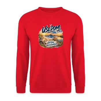 Usedom Zwischen Ostsee und Achterwasser - Unisex Pullover - Rot - Vorne - Alina (178cm) & Michal (187cm)