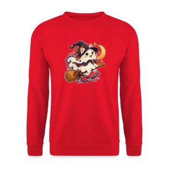 Geisterkatze auf einem Besen - Unisex Pullover - Rot - Vorne - Alina (178cm) & Michal (187cm)
