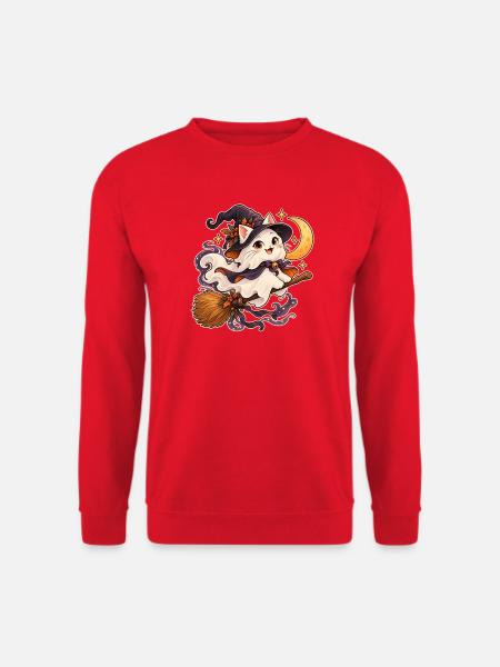 Geisterkatze auf einem Besen - Unisex Pullover - Rot