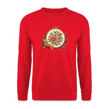 Stickrahmen mit Blumen - Motiv für Stickfans - Unisex Pullover - Rot - Vorne - Alina (178cm) & Michal (187cm)