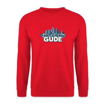 Blauer Frankfurter Skyline Stadtgrafik GUDE - Unisex Pullover - Rot - Vorne - Alina (178cm) & Michal (187cm)
