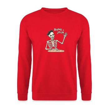 Bone Jour – Skelettgruß - Unisex Pullover - Rot - Vorne - Alina (178cm) & Michal (187cm)