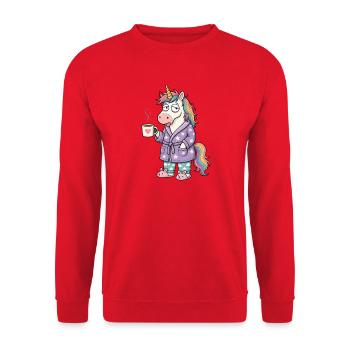 Müdes Einhorn mit Kaffee im Bademantel - Unisex Pullover - Rot - Vorne - Alina (178cm) & Michal (187cm)