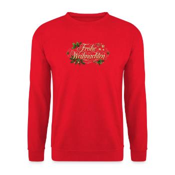 Frohe Weihnachten - Goldener Schriftzug - Unisex Pullover - Rot - Vorne - Alina (178cm) & Michal (187cm)