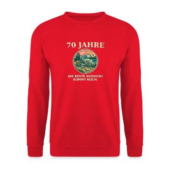 70 Jahre Aussicht kommt noch - Unisex Pullover - Rot - Vorne - Alina (178cm) & Michal (187cm)