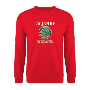 70 Jahre Weitblick Radtouren - Unisex Pullover - Rot - Vorne - Alina (178cm) & Michal (187cm)