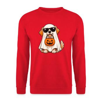 Halloween Hund im Geisterkostüm mit Kürbiskorb - Unisex Pullover - Rot - Vorne - Alina (178cm) & Michal (187cm)