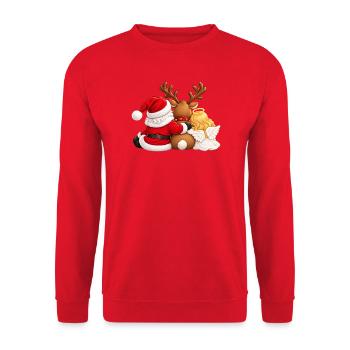 Weihnachtsmann, Rentier und Engel als Freunde - Unisex Pullover - Rot - Vorne - Alina (178cm) & Michal (187cm)