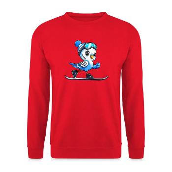 Wellensittich Skifahrer im Cartoon Stil - Unisex Pullover - Rot - Vorne - Alina (178cm) & Michal (187cm)