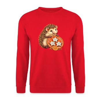 Fröhlicher Tenrek mit Orangenstern-Backteller - Unisex Pullover - Rot - Vorne - Alina (178cm) & Michal (187cm)