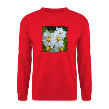 Weiße Kartoffel Blüten mit gelben Staubgefäßen - Unisex Pullover - Rot - Vorne - Alina (178cm) & Michal (187cm)