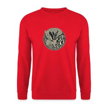 Wolpertinger im Linolschnitt - Unisex Pullover - Rot - Vorne - Alina (178cm) & Michal (187cm)