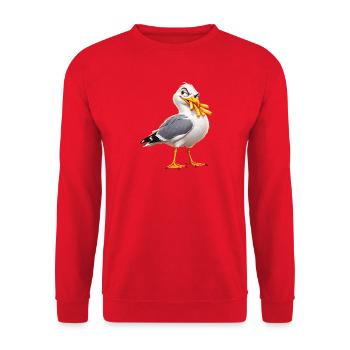 Freche Möwe stiehlt Chips – lustiger Meeresvogel - Unisex Pullover - Rot - Vorne - Alina (178cm) & Michal (187cm)