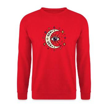 Sichelmond mit Auge & Sternen T-Shirt Design - Unisex Pullover - Rot - Vorne - Alina (178cm) & Michal (187cm)