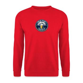 Peak Pint Society Logo mit Bergpanorama - Unisex Pullover - Rot - Vorne - Alina (178cm) & Michal (187cm)