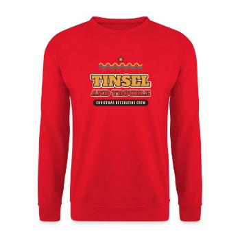 Lametta und Ärger, Weihnachtsdekorationscrew - Unisex Pullover - Rot - Vorne - Alina (178cm) & Michal (187cm)