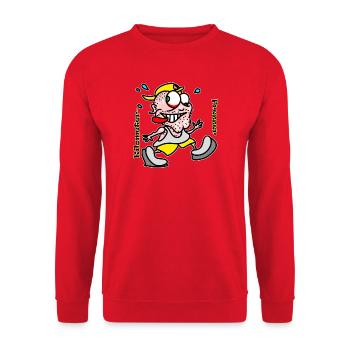 Kilometerfresser Cartoonmotiv für Läufer - Unisex Pullover - Rot - Vorne - Alina (178cm) & Michal (187cm)