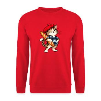 Süße französische Katze mit Baskenmütze & Baguette - Unisex Pullover - Rot - Vorne - Alina (178cm) & Michal (187cm)