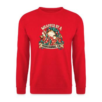 Katze im Geschenkpapier - Unisex Pullover - Rot - Vorne - Alina (178cm) & Michal (187cm)