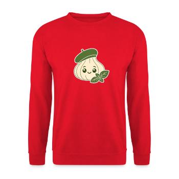 Knoblauch Zehe mit Barette & Basilikum T-Shirt - Unisex Pullover - Rot - Vorne - Alina (178cm) & Michal (187cm)