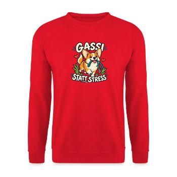 Gassi statt Stress – Corgi - Unisex Pullover - Rot - Vorne - Alina (178cm) & Michal (187cm)